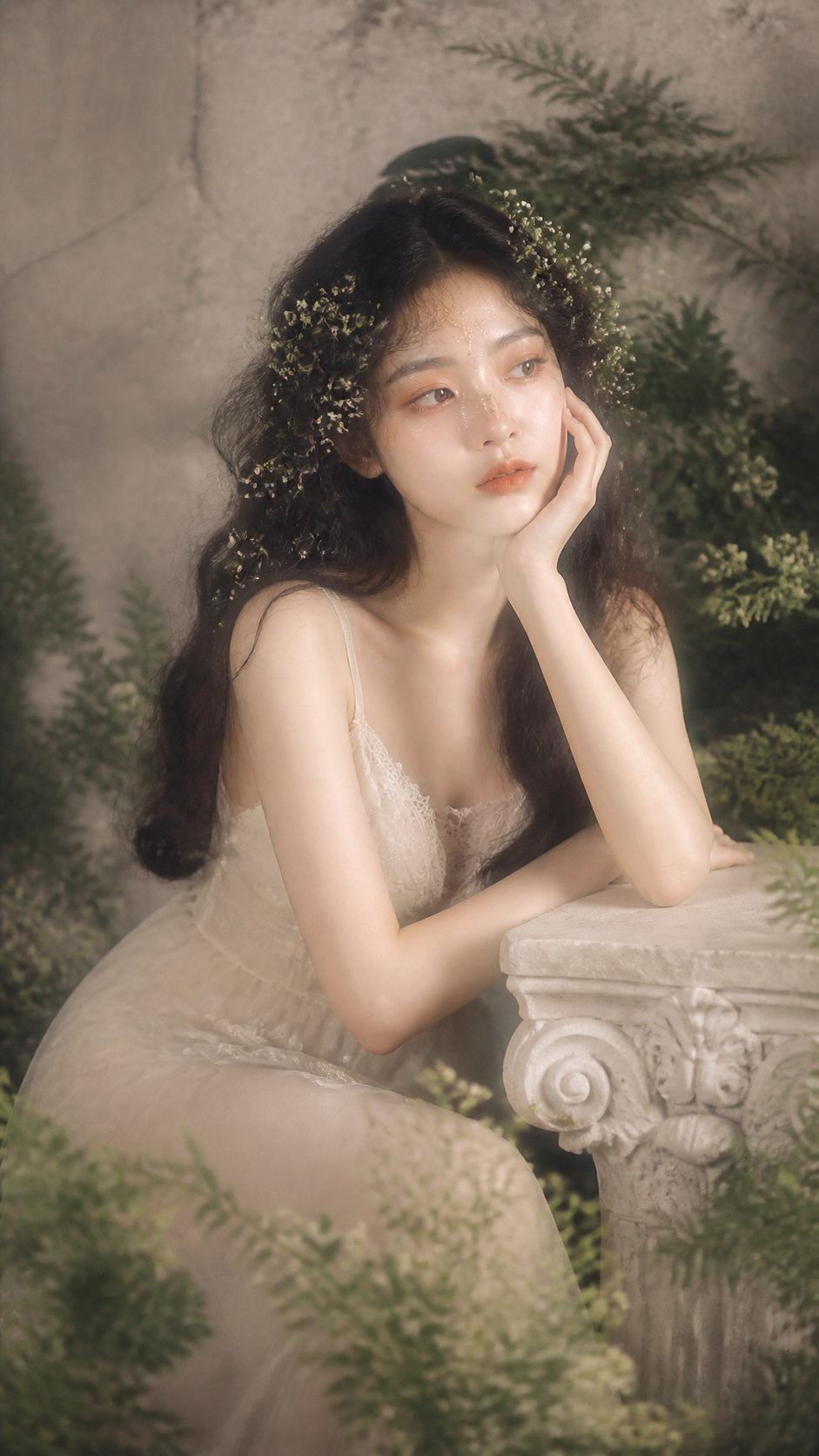 森系精灵写真 - 坐姿手托腮望远方