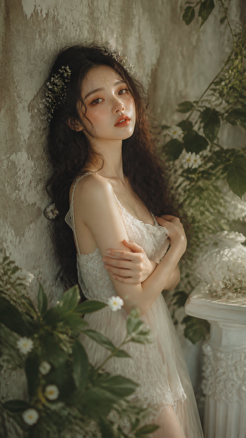森系精灵写真 - 倚靠墙面慵懒姿态