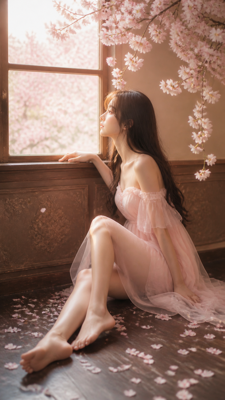 春日樱花绮梦写真 - 靠窗望花树 · 侧颜柔和