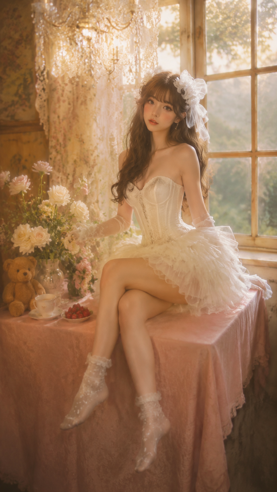 暖光花境·法式复古少女写真 - 坐姿1：侧身交腿坐着，左手轻抬指尖挨着身侧花束