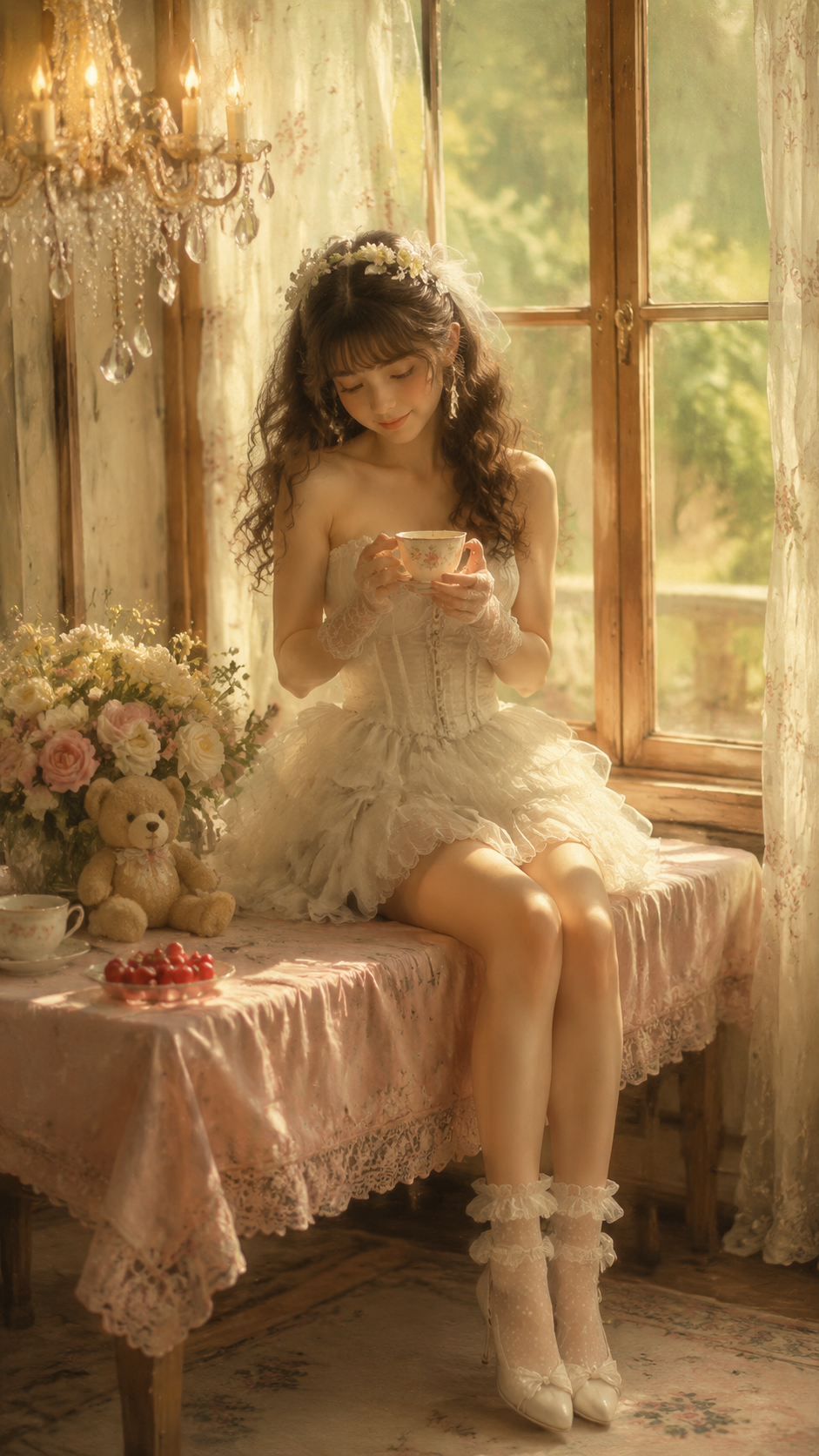 暖光花境·法式复古少女写真 - 坐姿2：身体微微前倾，双手捧着一杯热茶，低头浅笑