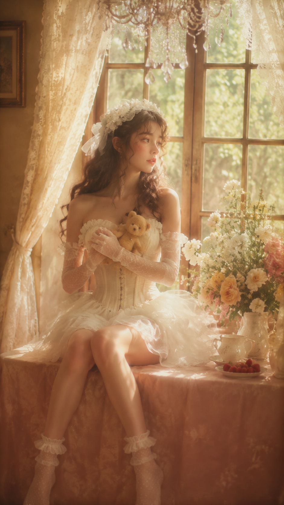暖光花境·法式复古少女写真 - 抱熊：坐在台面上，双手轻轻抱着毛绒小熊，眼神温柔看向侧方