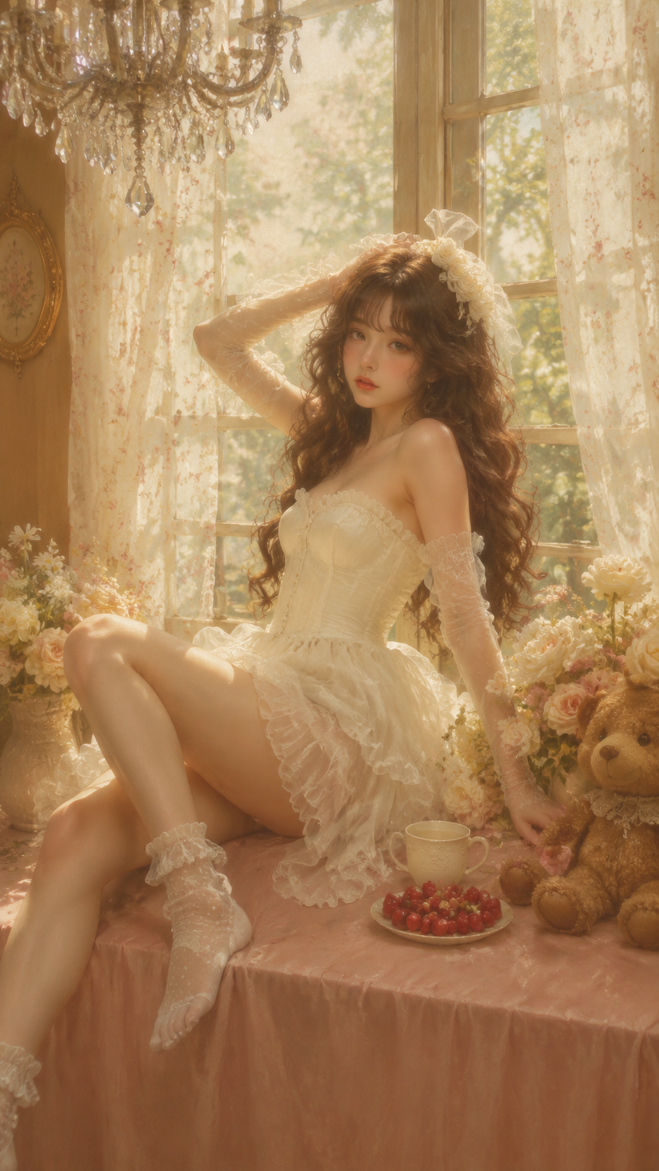 暖光花境·法式复古少女写真 - 撩发：身体微微后仰，一只手轻撩头发，另一只手搭在身侧的花束上