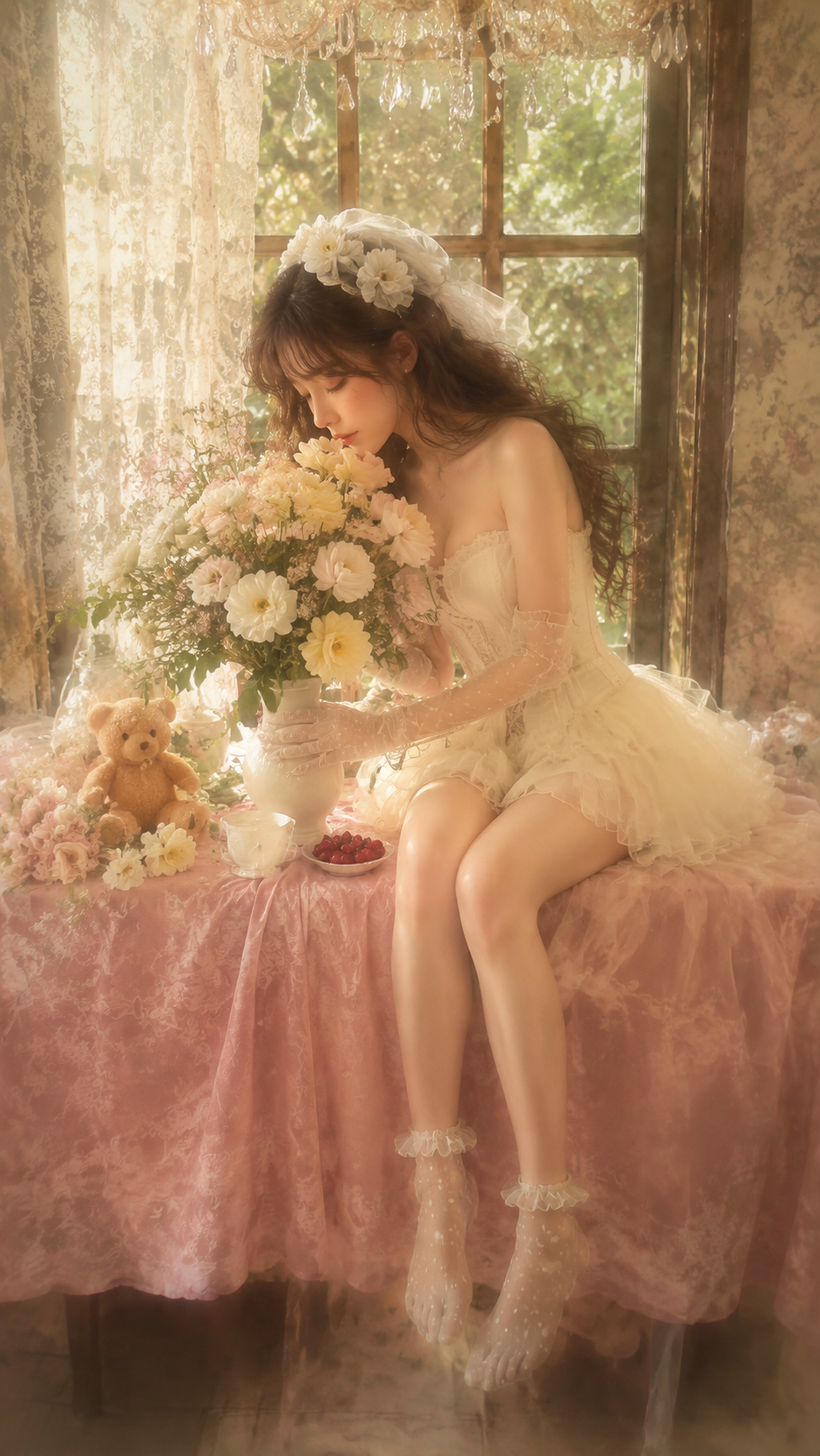 暖光花境·法式复古少女写真 - 嗅花：低头凑近花束，闭眼轻嗅花香，一手轻轻扶着花瓶