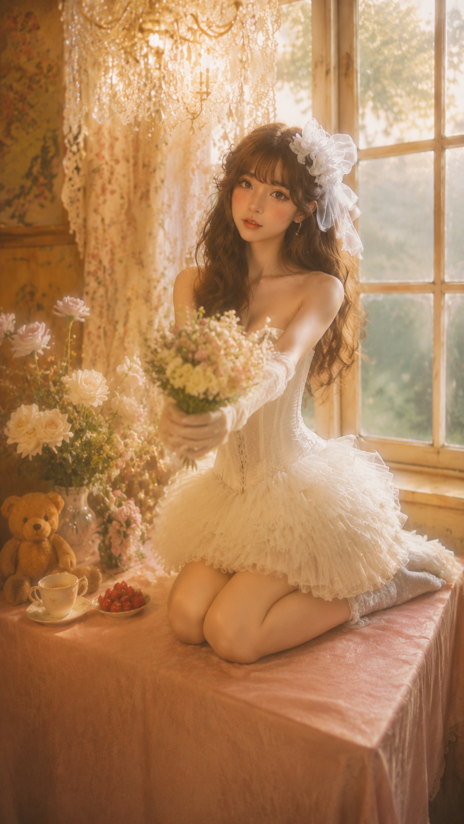 暖光花境·法式复古少女写真 - 递花互动：屈膝跪坐在台面上，双手捧着一束小花递向镜头