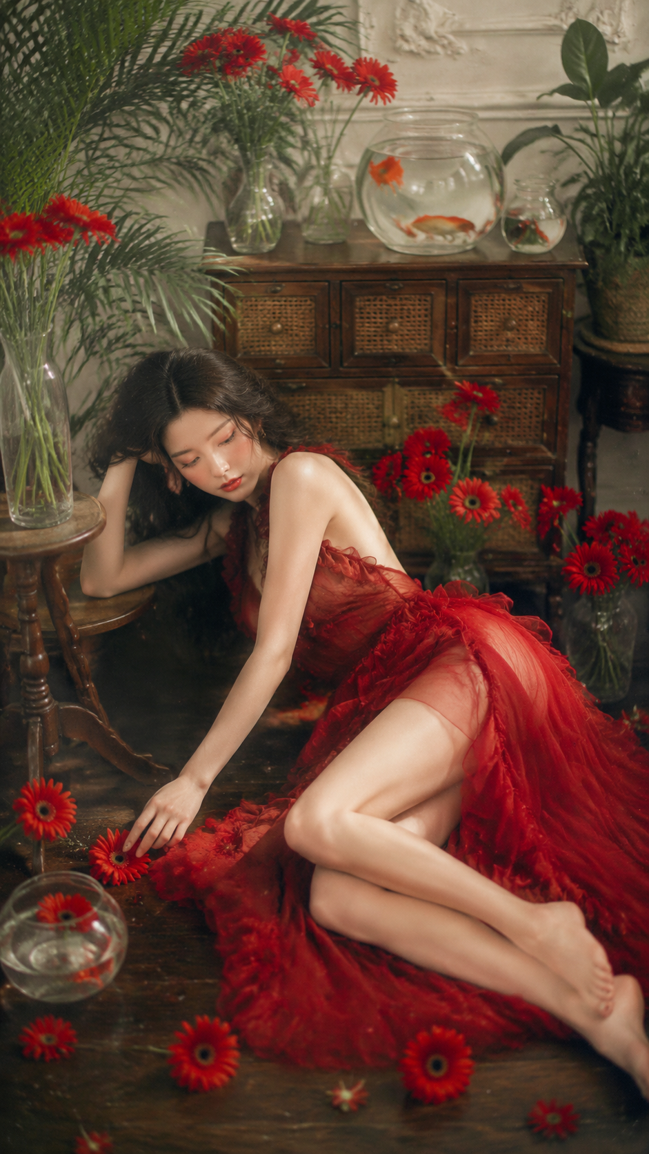 侧躺地板，手撑着头，轻抚身侧花瓣，双腿交叠